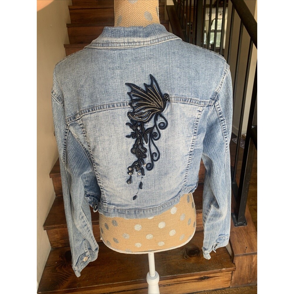 Vintage Embroidered Denim Jacket Butterfly  Y2K Fairy Grunge Cropped